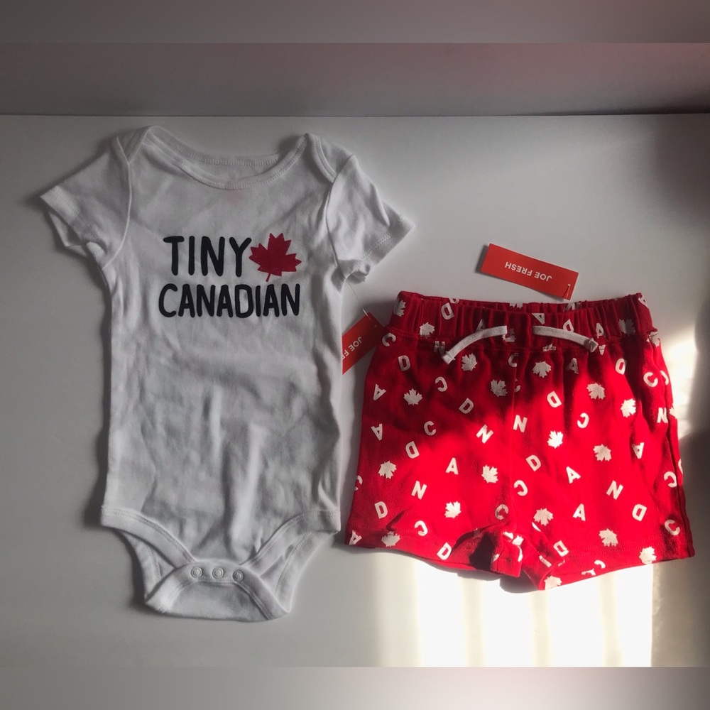 NWT J. Fresh 6-12m Canada outfit Tiny Canadian maple leaf bodysuit and shorts